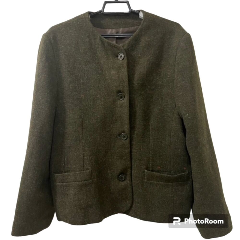 Vintage Moffat Woollens Scotland Womens L Green Donegal Wool Collarless Blazer